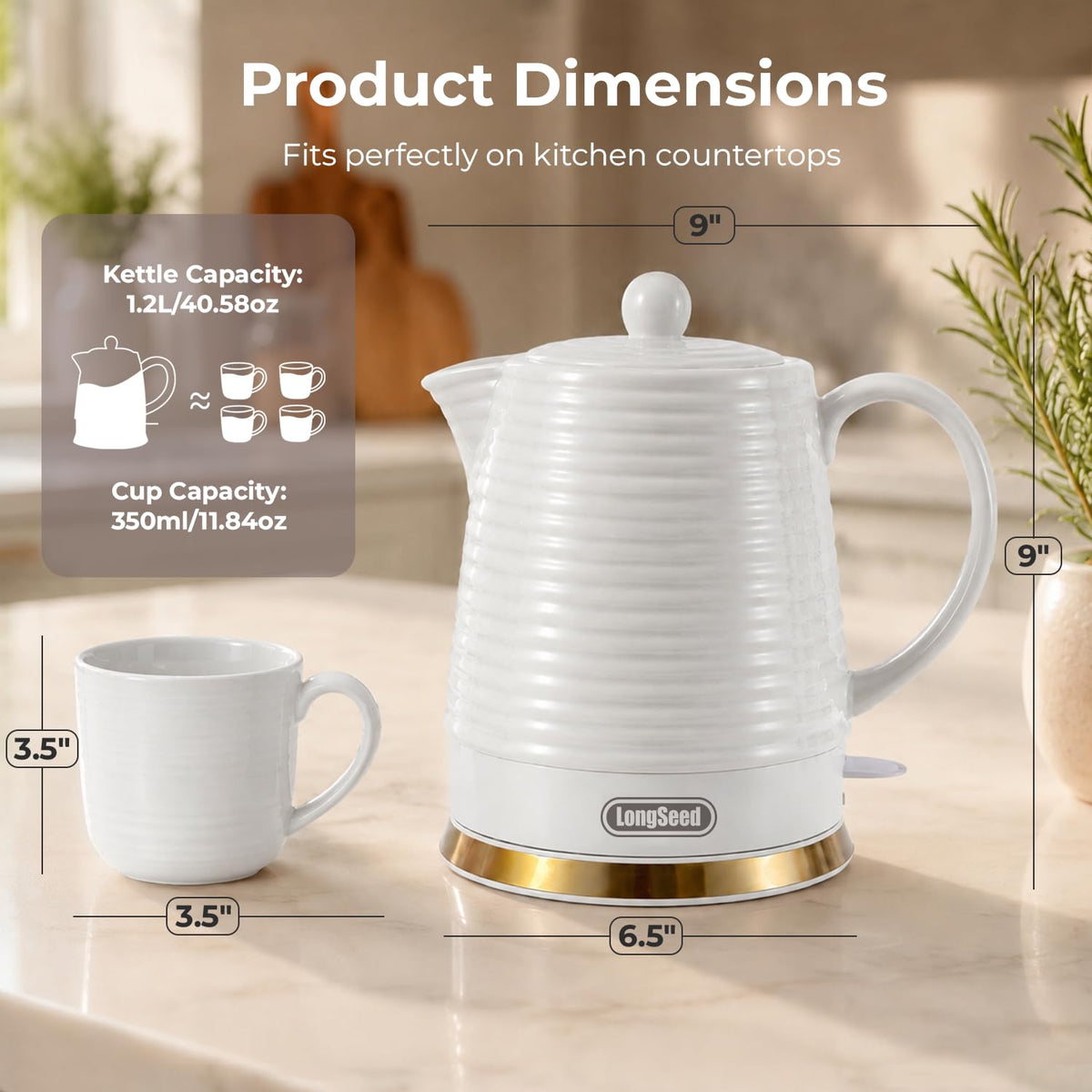 LONGSEED 1.2 Liters Ceramic Electric Kettle with Infuser & Mug Set, 1000W Fast Boil Water for Tea and Coffee, Teapot with Boil-Dry Protection and Auto Shut-Off, Detachable Swivel Base