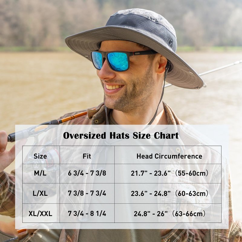 Summer Mesh Bucket Sun Hats for Men Big Head Wide Brim Boonie Safari Waterproof Beach UPF50+ Fishing Hiking Light Grey