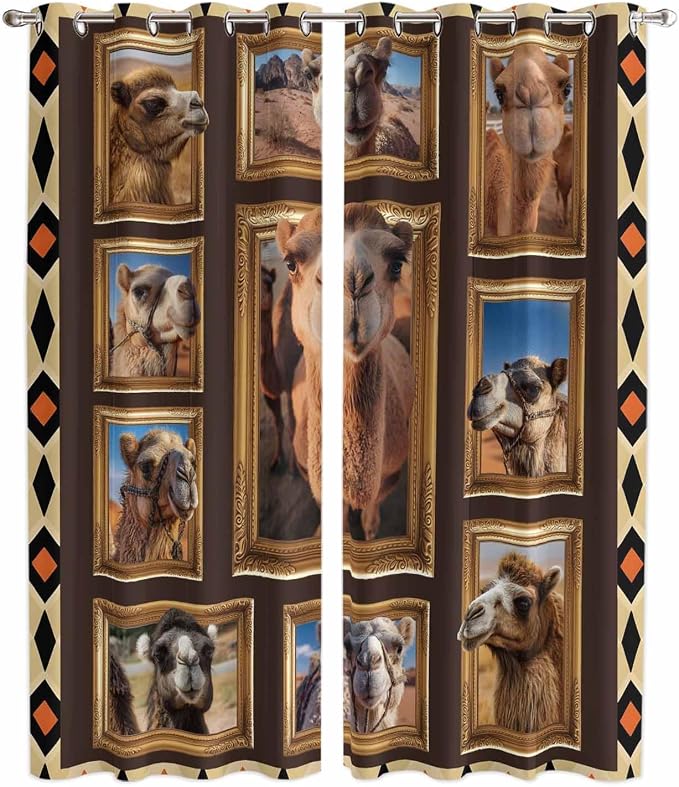 2 Panel Kitchen Cafe Curtains, Wildlife Camels Sunlight Filtering Nature Air