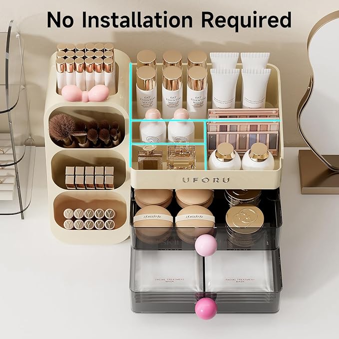 Makeup Organizer for Vanity with Brush Holder, Countertop Organizer with 2 Drawers, Spacious Cosmetic Display Case for Beauty Essential, Skincare, Lipstick