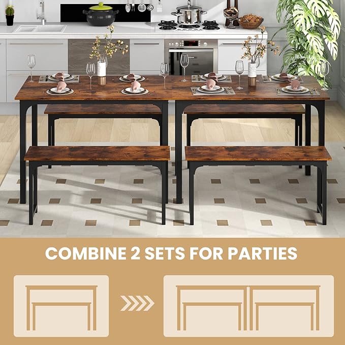 LDAILY Moccha Dining Table Set for 4, Kitchen Table with Benches,43 Inch 3-Piece Wooden Space-Saving Dinette Set with Metal Frame for Kitchen, Dining Room,Small Spaces, Rustic Brown & Black
