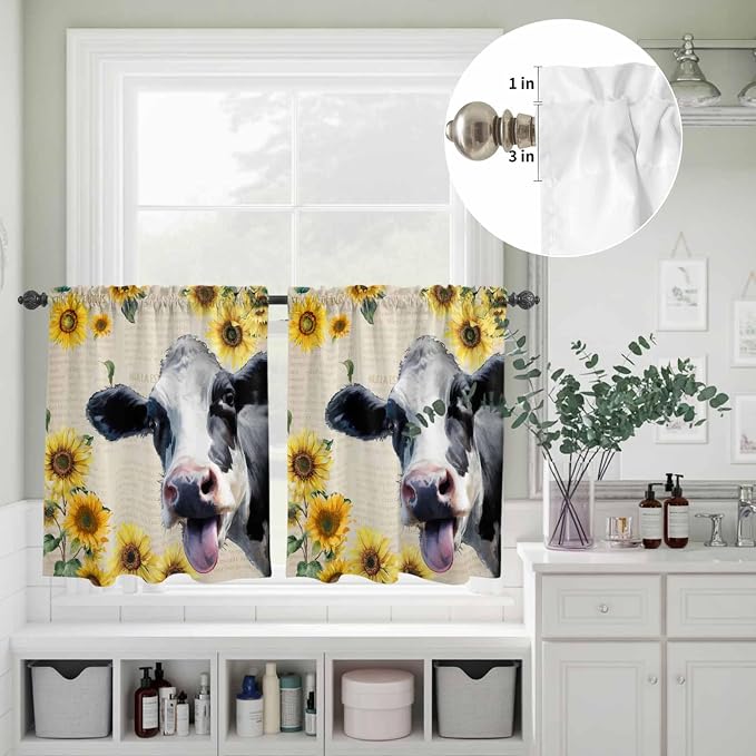 Kitchen Curtains Tiers and Valance Set of 3, Cow Sunflowers Light Filtering