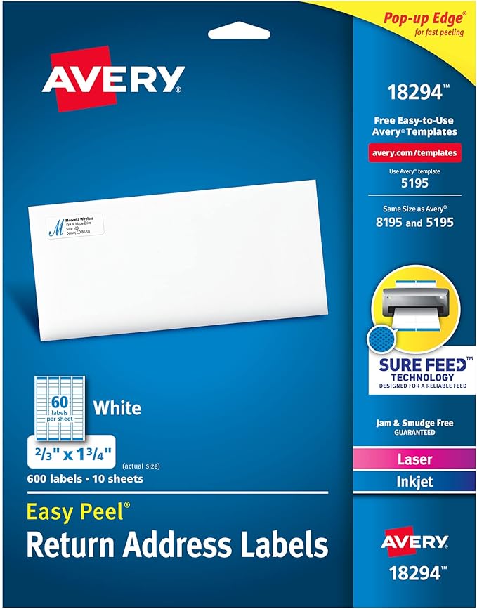 Avery Printable Return Address Labels with Sure Feed Technology, 2/3" x 1-3/4", White, Laser & Inkjet Compatible, 600 Blank Labels Total, Great for Mailing, Branding, and More (18294)