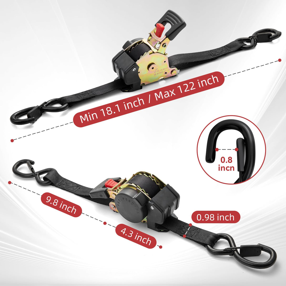Heavy Duty Retractable Ratchet Tie-Down Straps 1800 lbs, 1in × 10ft Auto Retract Tie Downs with Zinc S-Hooks, Cargo Straps for Trucks, Trailers, Roof Racks & Moving, 2 Pack, Black