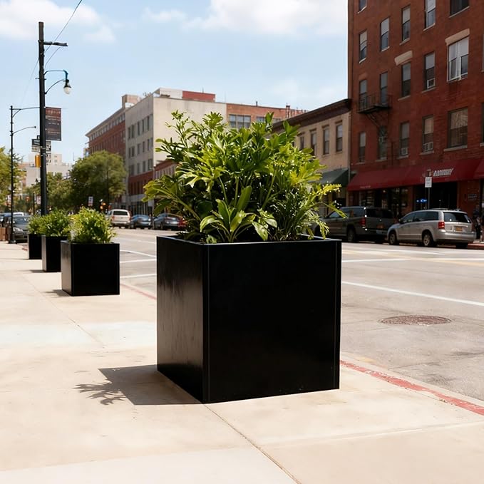 Galvanized Steel Planter Box Black Metal Planter Large Square Indoor Outdoor Planters Cube Steel Heavy Duty Flower Pot 32Inch Powder Coating Modern Commercial Residential for Patio, Yard, Garden