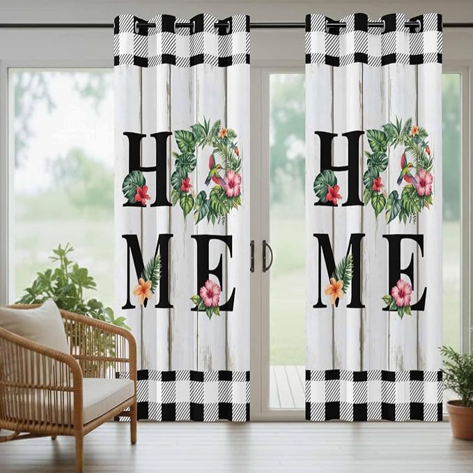 Summer Outdoor Curtains for Patio Leaves Garland Plumeria Wood Buffalo Plaid