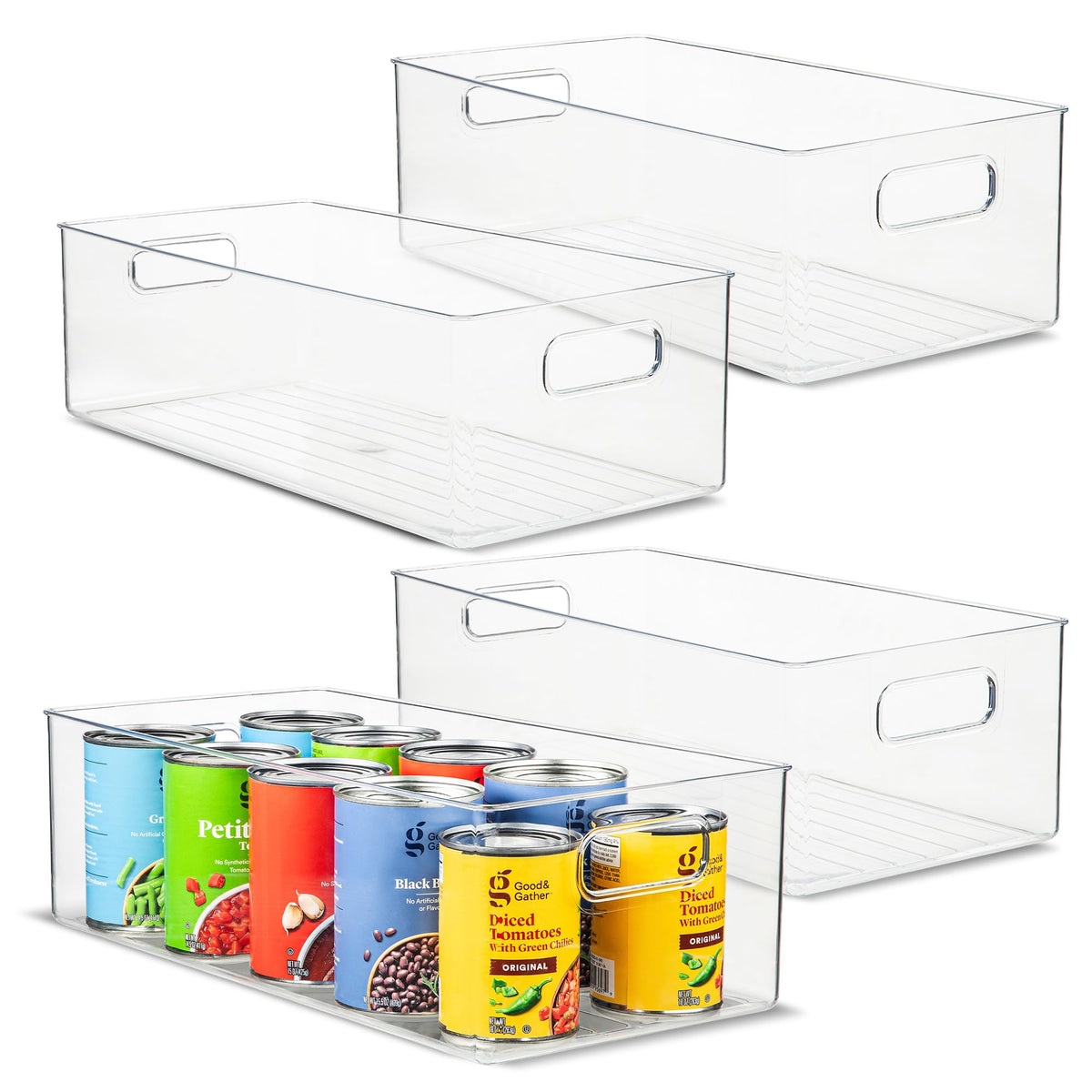 Plastic Food Storage 2 Pack Clear Container Bin with Handles for Organizing Kitchen, Pantry, Refrigerator, Freezer, Pantry, Cabinet, Closet, Bathroom. 16”x8”x5”