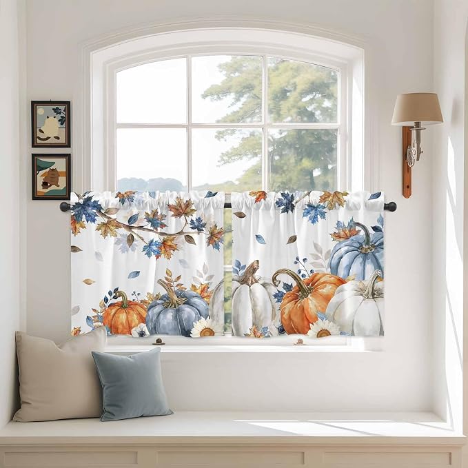 Navy Blue Pumpkin Fall Kitchen Tier Curtains 24 Inch Long 2 Panel Set, Rod