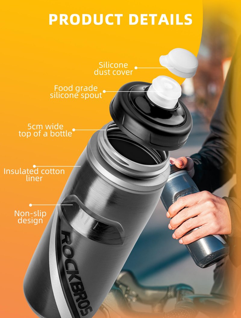 ROCKBROS Bike Water Bottle 21oz Bicycle Water Bottle for 5hrs Insulation Sports Squeeze Water Bottle with Leakproof Design