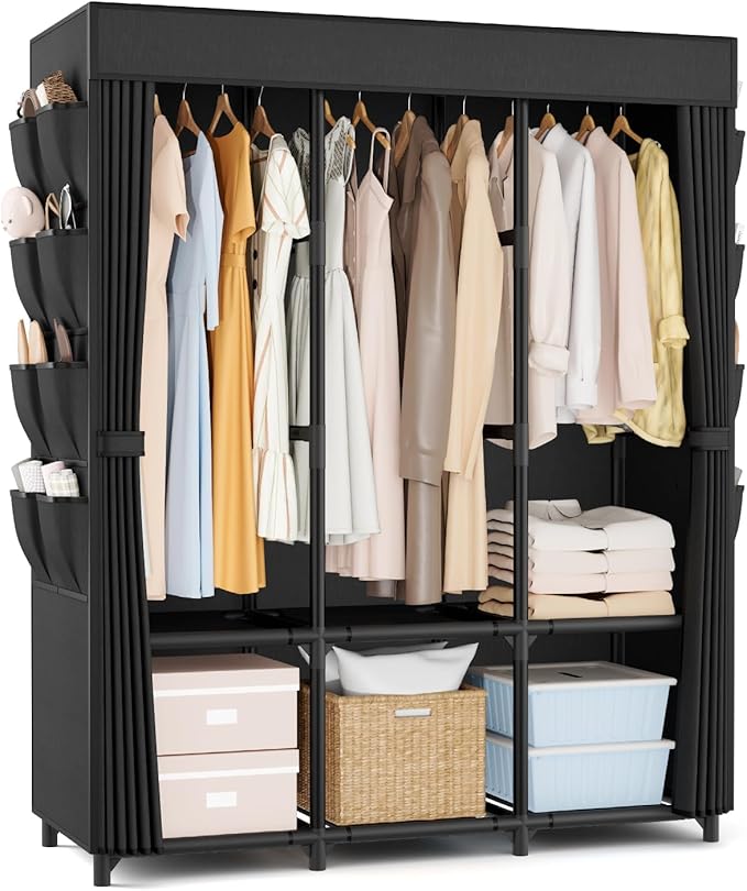 Wardrobe Closet, Portable Closets for Hanging Clothes 19mm Steel Tube Portable Wardrobe Closet for Bedroom, Clothes Rack with Cover, 3 Hanging Rod, 6 Storage Shelves and Side Pocket