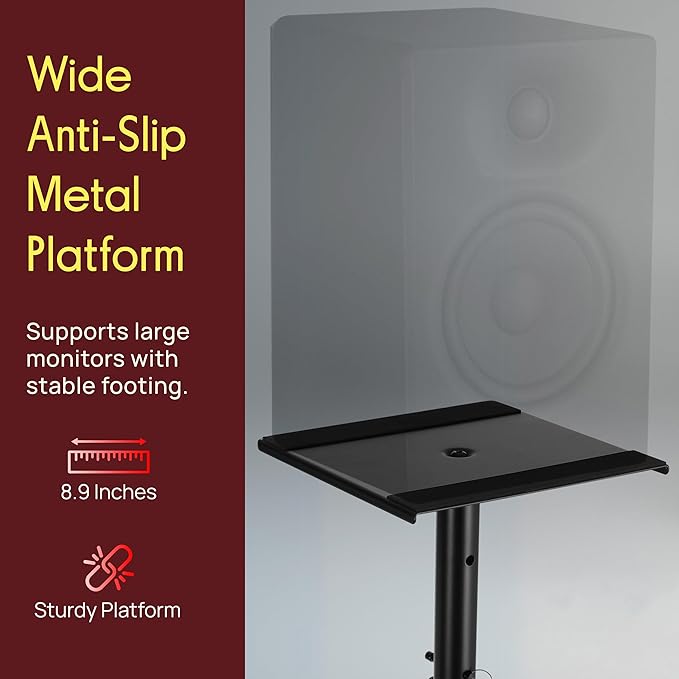 Pyle Adjustable Speaker Stand Pair – Dual Studio Monitor Tripod with Metal Base, Anti-Slip Speaker Pads, Height Adjustment from 34” to 53” – Ideal for Home, Studio, and DJ Use, 90 lbs Weight Capacity