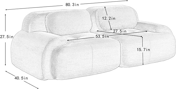 80" Modern Compressed Boneless Love Seat Couches, 2 Seater Large Sectional Couches for Living Room, Black Corduroy Cloud Modular Sectional Sofa, Memory Foam, Extra Deep Loveseat, No Assembly