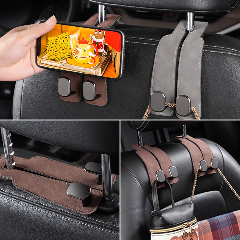 Headrest Hooks for Car, 2026 New Car Seat Back Storage Hook for Headrest, Double Hook Car Hooks for Purses and Bags Cute Leather Headrest Hanger Seat Back Organizer (Brown)