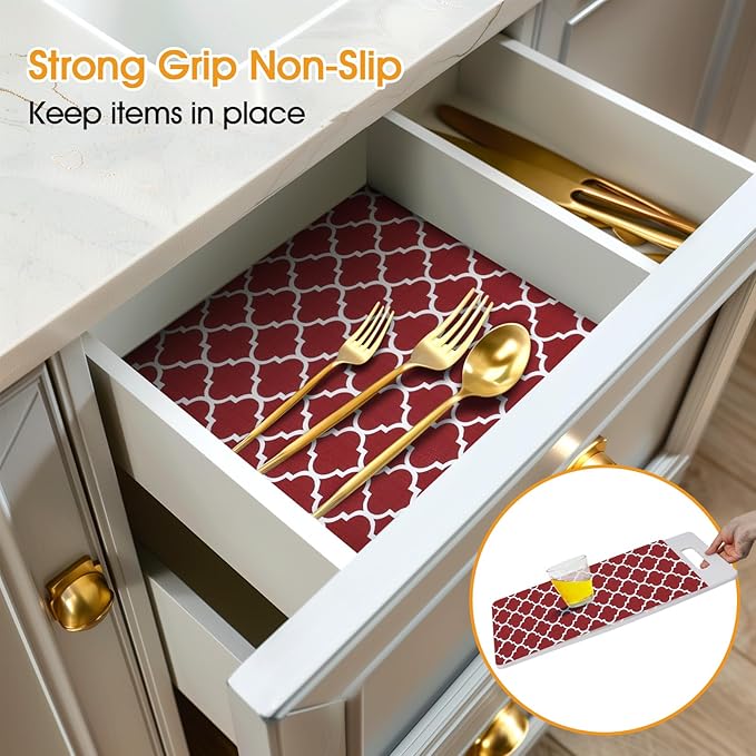 Shelf and Drawer Liner for Kitchen Cabinets Non-Adhesive, Strong Grip Non-Slip Thickened Cabinet Liners for Shelves, Waterproof Mats for Dresser Cupboard, Red/White, 23 in x 10 Feet