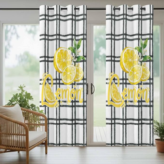 Lemon Outdoor Curtains for Patio Lemon Leaves Summer Plaid Buffalo Waterproof