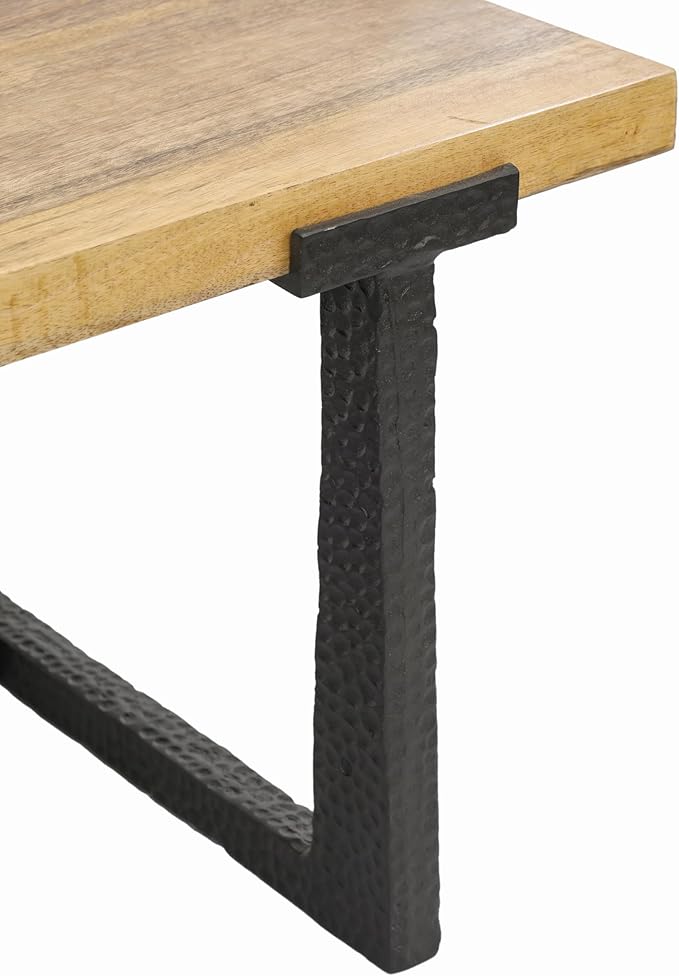The Urban Port Marlon 48" Coffee Table | Handmade Aluminum Cast Frame | Natural Solid Mango Wood Top, Black and Brown