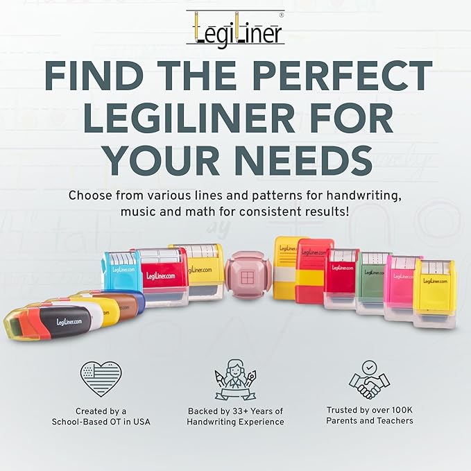 LEGILINER 1/2" Dashed Handwriting Line (Yellow) Teacher Stamp – Tri-Line Dashed Pattern. Classroom & Home Use. Refillable Ink Writing Practice Roller Stamp.