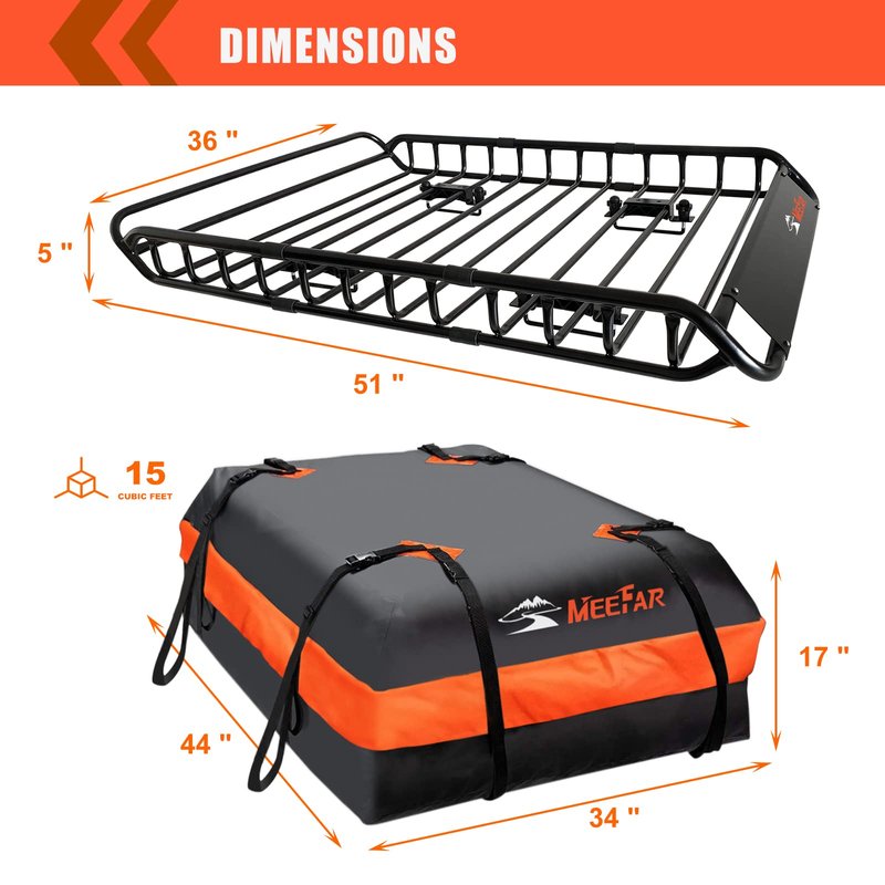 Roof Rack Cargo Carrier Basket 51"*36"*5"+Waterproof Bag 15 Cubic Feet(44"*34"*17"),and Cargo Net with Attachment Hooks,Ratchet Straps.200 Lbs Capacity,Universal Rooftop Large Size Roof Rack