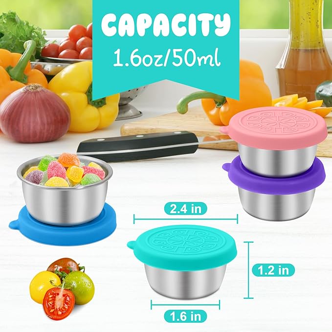 6x1.6 oz Salad Dressing Container to Go, Leakproof Reusable Stainless Steel Small Container with Lid,Sauce Containers for Lunch box,Picnics,Travel,Office and Meal Prep