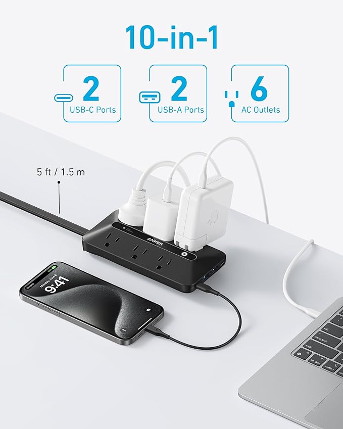 Anker 300J Flat Plug 10-in-1 Ultra Thin Power Strip with 6 AC, 2 USB-A & 2 USB-C Ports, Extension Cord, Desk Charging Station for Home, Office, College, Dorm, 5 Feet, Black (Pack of 2)