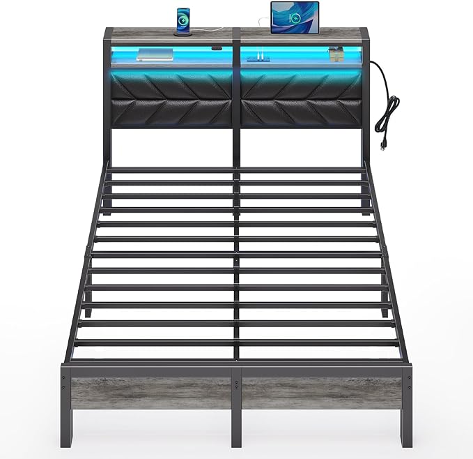 Seventable Bed Frame Full Size with Charging Station, LED Bed with Upholstered Storage Headboard, Metal Platform Bed with Under Bed Storage, No Box Spring Needed, Noise Free, Easy Assembly, Black