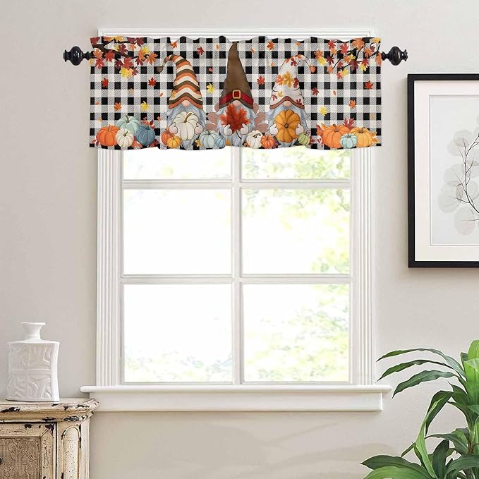 Thanksgiving Gnomes Kitchen Curtain Set, Fallen Maple Leaf Pumpkin Black Plaid