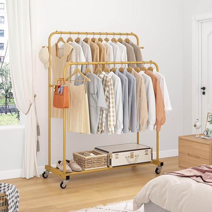 Laiensia Double Rods Garment Rack with Wheels, Clothing Rack for Hanging Clothes,4 Hooks, Multi-functional Bedroom Clothes Rack, Gold