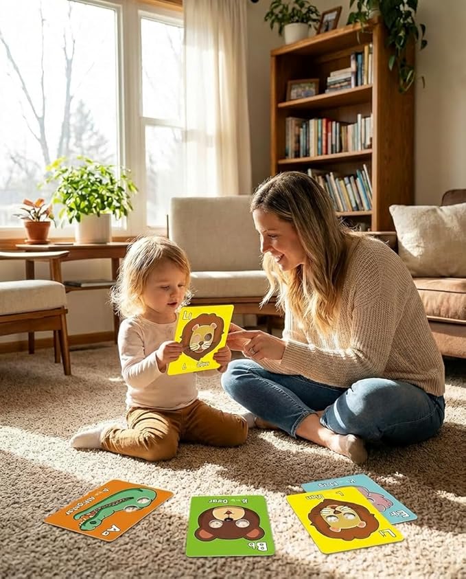 Giant Animal Alphabet Flash Cards with Handheld Animal Masks - 26 Pcs ABC Learning Cards for Toddlers 1-3 - Phonics Mnemonic Letter Recognition Toys for Preschool & Kindergarten Classroom