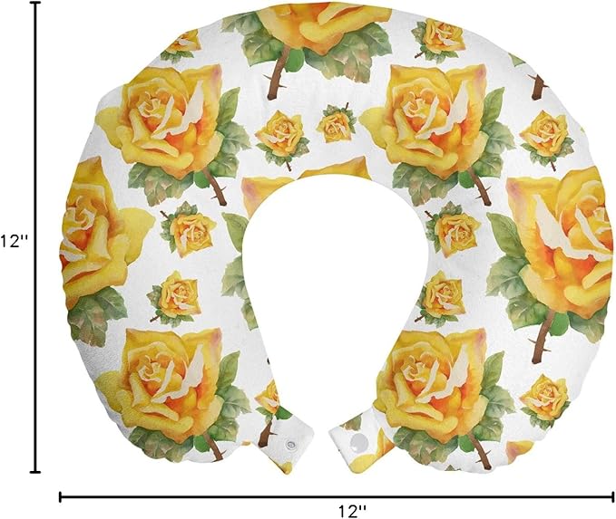 Ambesonne Rose Travel Pillow Neck Rest, Botanical Pattern with Roses Natural Beauty Theme Aquarelle Summer Bouquet, Memory Foam Traveling Accessory for Airplane and Car, 12", Green Yellow