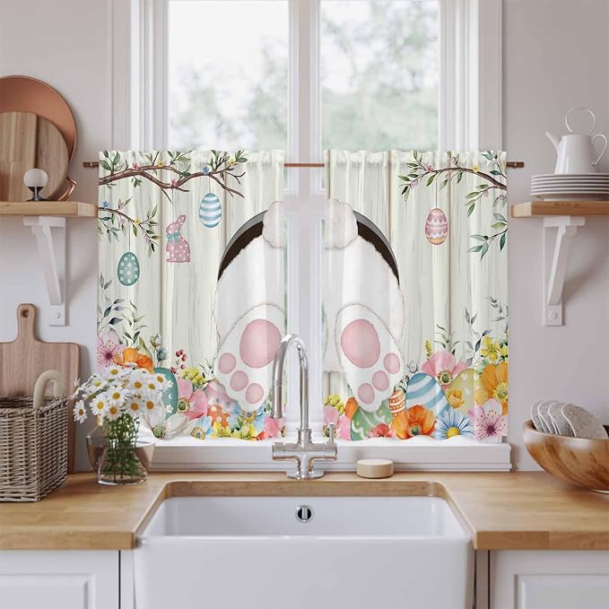 Easter Kitchen Curtains 54 Inch Long 2 Panel Set, Rod Pocket Window Curtains
