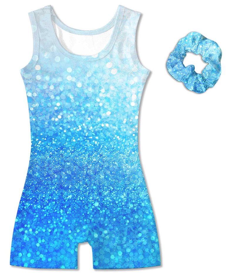 Vogseek Sparkly Gymnastics Leotards for Girls 5 6 Years Cute White Blue Shiny Dots Ballet Dance Unitards Biketards with Hair Scrunchie Kids Tumbling Shorts Activewear Clothes, Blue