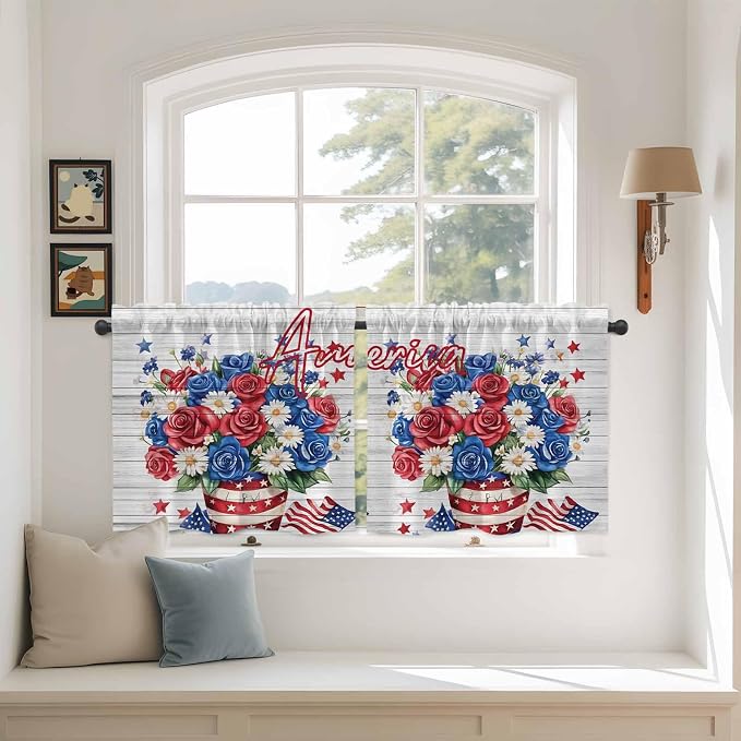 Independence Day Kitchen Tier Curtains 24 Inch Long 2 Panel Set, Rod Pocket