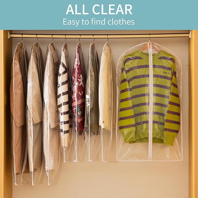 Garment Bags for Hanging Clothes, 6 PCs All Clear Garment Bag, Plastic Dustproof Suit Bag, Coat Protector Zippered Garment Covers for Closet Storage and Travel - 24'' x 40''/6 Pack