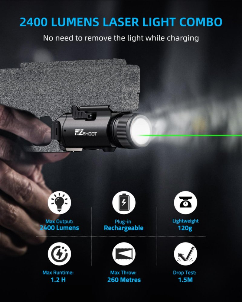 EZshoot 2400 Lumens Laser Light Combo with Strobe Mode, High Lumen Pistol Flashlight, Magnetic Rechargeable Green Laser Light with Quick Install Adjustable Slide Rail for Picatinny GL Rail