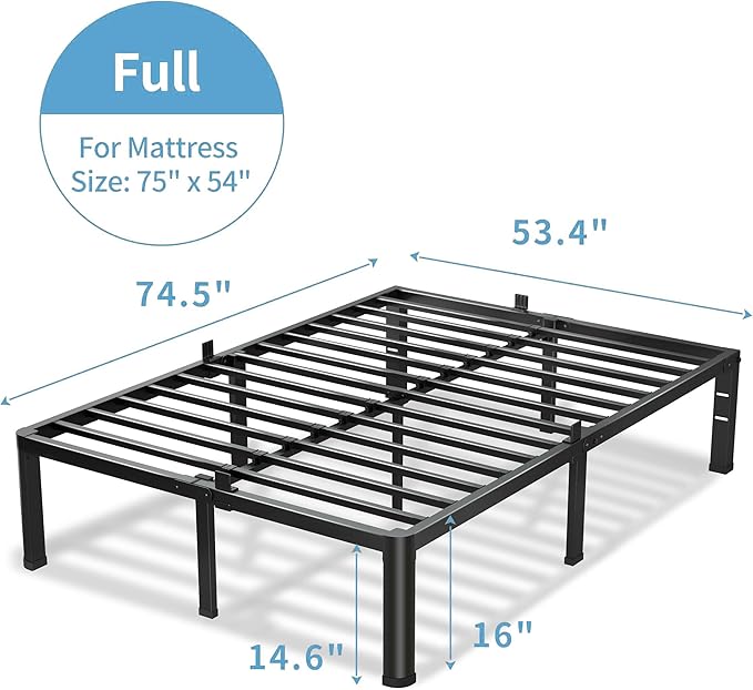 16 Inch Full Size Bed Frame, 3500Lbs Heavy Duty Metal Platform with Round Corner Legs Mattress Slide Stopper, Steel Slat Support No Box Spring Needed, Noise Free, Non-Slip, Easy Assembly