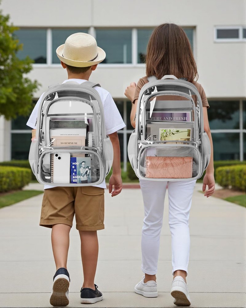 KIMNERPU Clear Backpack, Fabric & PVC Transparent Backpack with Reinforced Strap for Women Men, Heavy Duty Transparent Bookbag, Large Capacity Clear Bag, Travel, Security, Grey