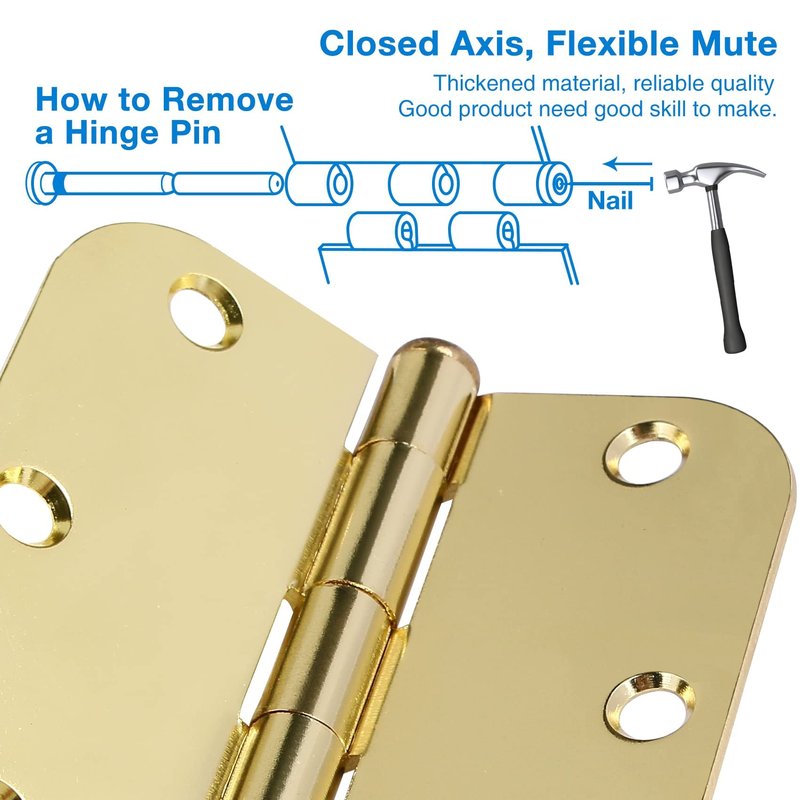 3 Pack Rounded Door Hinges 3-1/2" x 3.5 inch, 5/8 Radius, Polished Brass 3 ½ Inch Gold House Interior Hinge for Bed/Living/Guest/Pantry/Storage/Study/Work Room Doors Heavy Duty Steel Hardware Kit