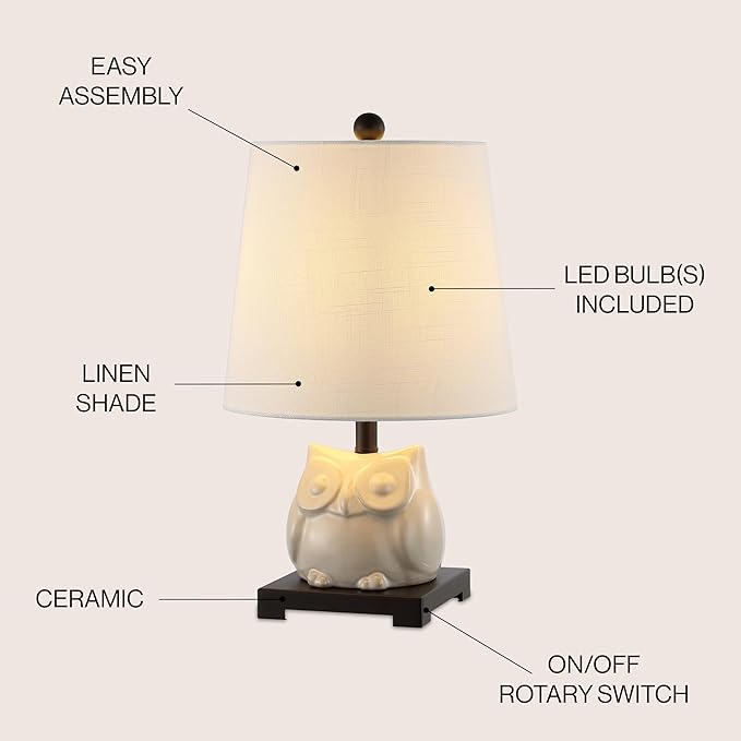 JONATHAN Y 16" Antique White Ceramic Owl Mini Table Lamp for Bedroom or Office, Modern Farmhouse Nightstand Lamp with White Linen Shade, LED Bulb Included (JYL3014B)