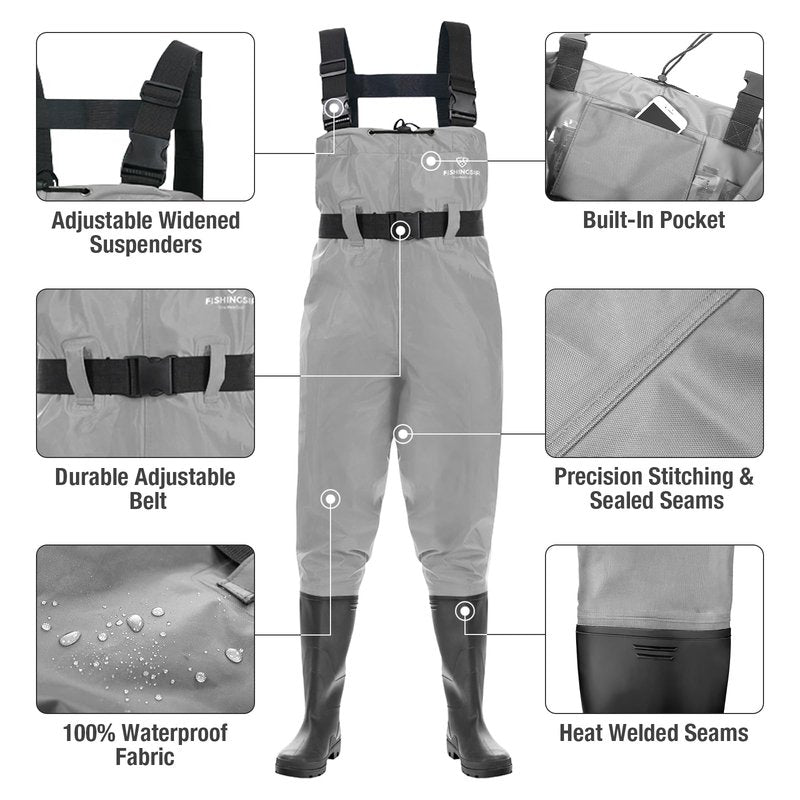 FISHINGSIR Fishing Waders for Men, 2-Ply Nylon/PVC Waterproof Women Chest Wader with Boots, Bootfoot Hunting Waders