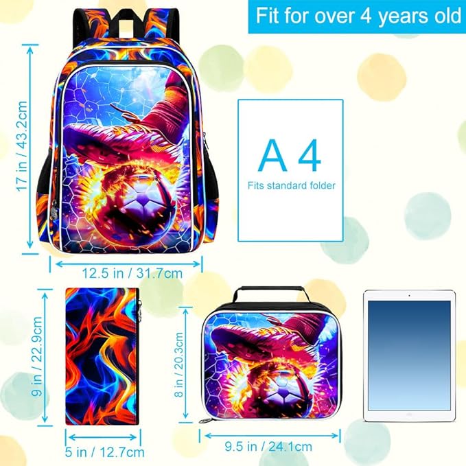 KLFVB 3PCS Boys Bookbag, 17" Kids Football Backpack and Lunch Box, Water Resistant Teenagers School Backpacks for Middle Elementary - Strike Fire Soccer