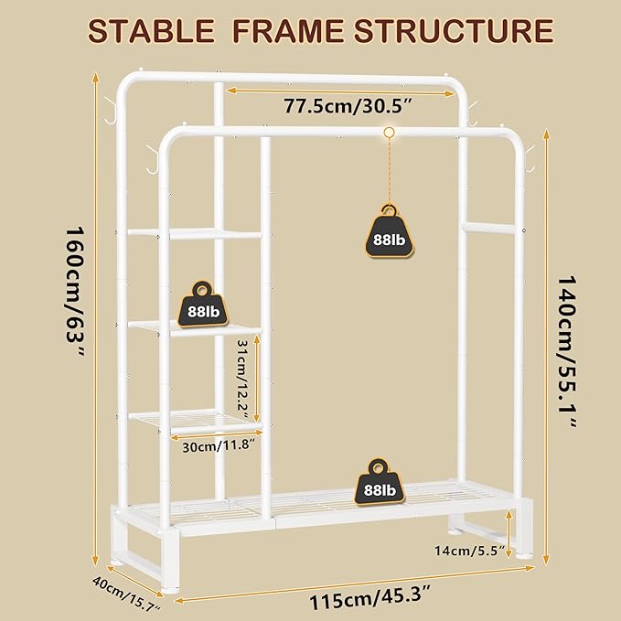 Double Rods Clothes Rack Clothing Rack with 4 Tier Storage Shelves Clothes Rack for Hanging Clothes Multifunctional Heavy Duty Clothes Organizer with Hooks for Bedroom,Wardrobe Closet,Shop,White