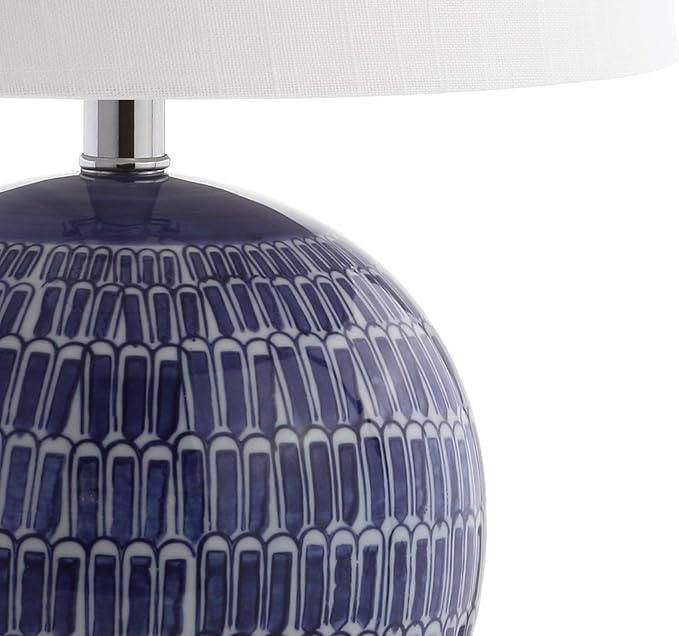 JONATHAN Y 21" Navy Ceramic Hand-Painted Scallop Sphere Table Lamp, Coastal Transitional Bedside Lamp with White Linen Drum Shade, LED Bulb Included JYL5044A