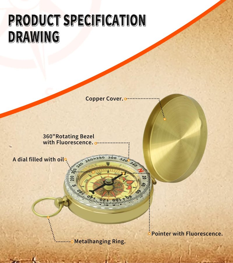 Waterproof Brass Compass for Hiking, Survival & Navigation – Large Dial Pocket Compass with Keychain Loop, Ideal Metal Brujula de Mano for Kids, Scouts, Hunting & Compass Gifts for Men