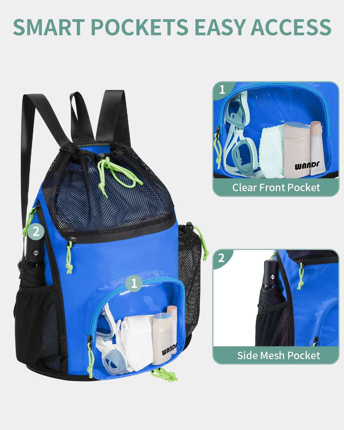 WANDF Swim Bag with Wet Pockets, Mesh Beach Backpack for Pool and Gym