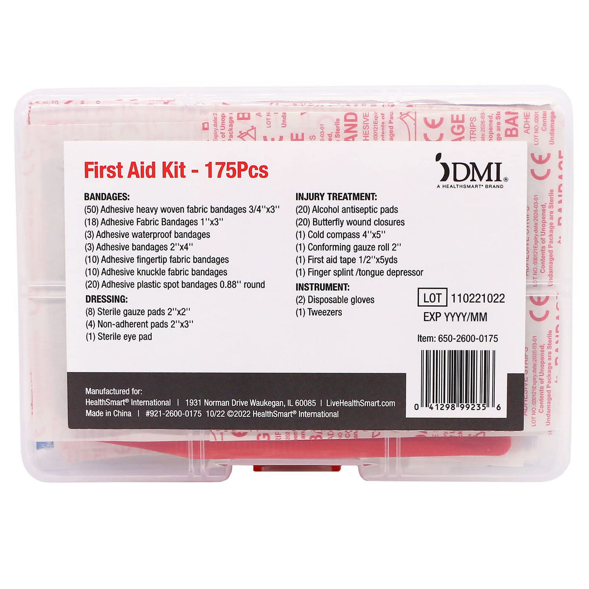 DMI 175-Piece First Aid Kit for Minor Injuries, Cuts and Scrapes, All-Purpose, Portable and Convenient, Includes Bandages, Injury Treatment, Dressings, and Instruments, HSA & FSA Eligible