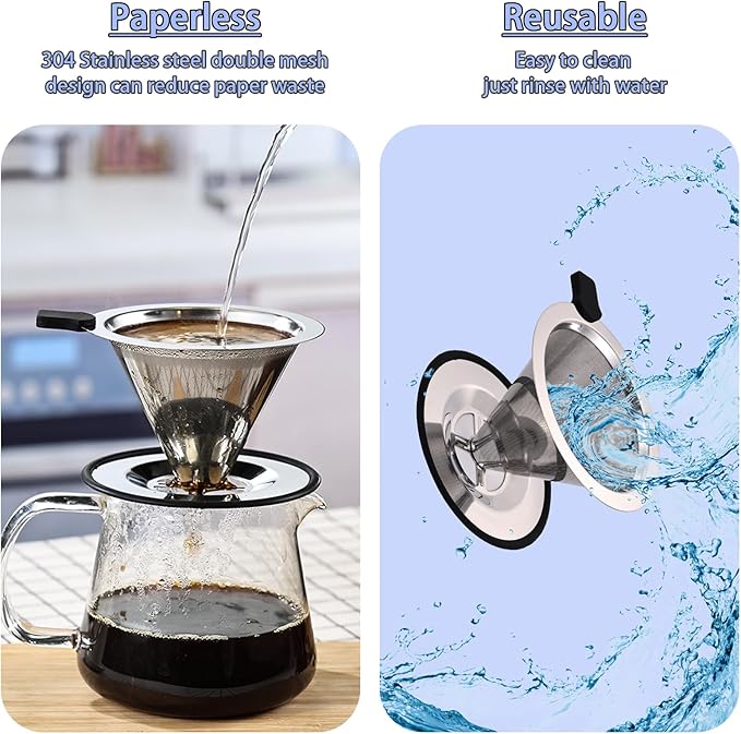Pour Over Coffee Filter Dripper, Stainless Steel Metal Cone Coffee Filter
