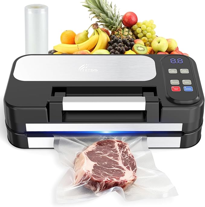 95kpa Vacuum Sealer for Food, 125W Food Saver Vacuum Sealer Machine, 10-in-1 Compact Meat Vacuum Packing Machine with Bags Storage, Built-in Cutter, Easy-Lock Handle, Ideal for Home and Commercial Use
