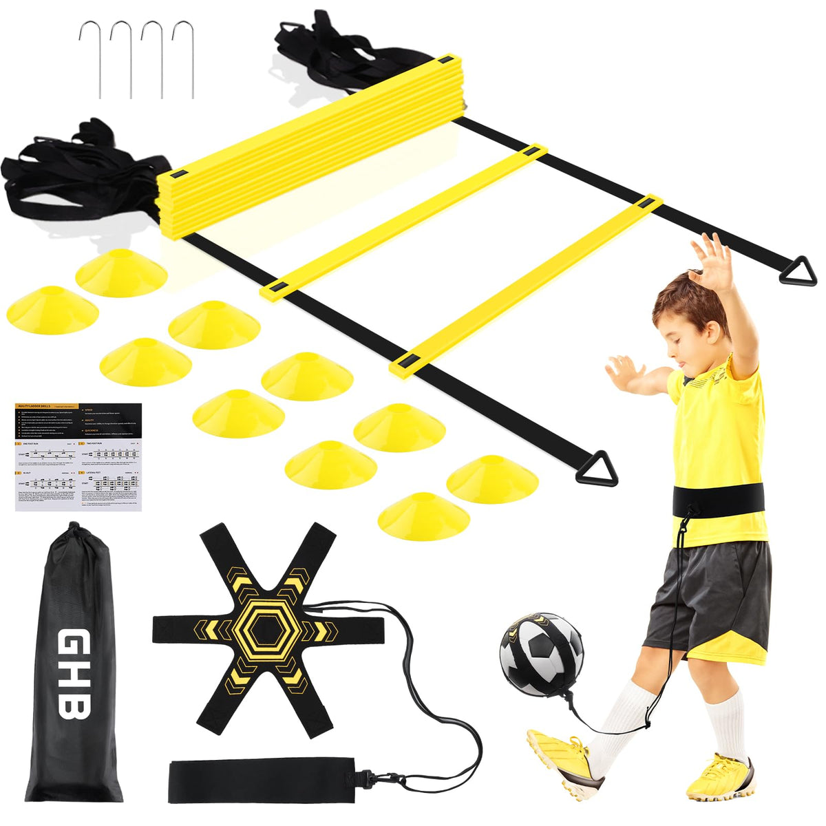 GHB Pro Agility Ladder Soccer Kick Trainer Set 20ft 12 Rung 10 Cones and 4 Stakes Speed Agility Football Training Equipment with Carrying Bag (Yellow)