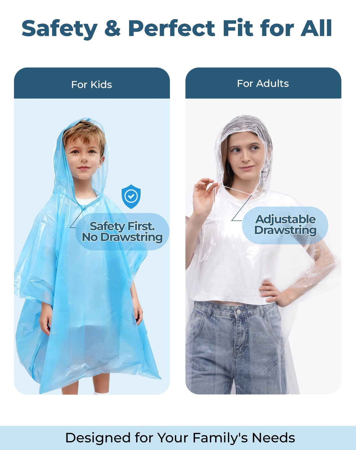 SANXINHT Disposable Rain Poncho Family 10 Pack for Adults & Kids with Hood - 2X-Thicker for Theme Parks, Travel & Outdoors