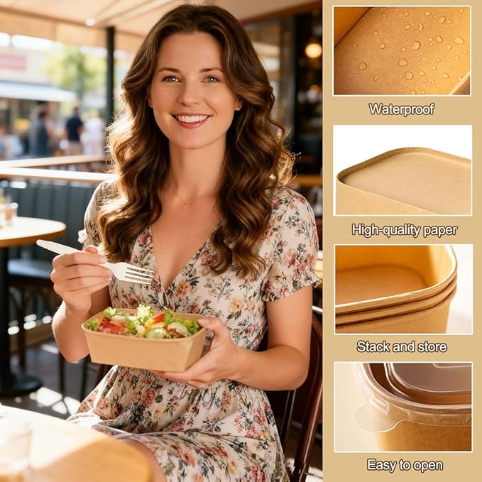 Artuxer 50 Pack 29Oz Disposable Meal Prep Containers With Lids and Forks-Disposable Kraft Paper Bowls-to go food containers-Microwavable and Freezer Safe Take Out Containers